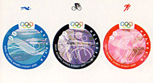 Olympic stamps come in all shapes and sizes. Switzerland issued a booklet of 3 round stamps for the Triathlon event at the 2000 Sydney Olympic Games.
