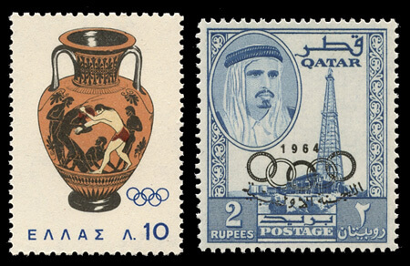While both Greece and Qatar issued stamps for the 1964 Tokyo Olympics, only Greece was a participant having sent athletes to every Olympic Games. Qatar sent its first team to the 1984 Los Angeles Olympic Games.